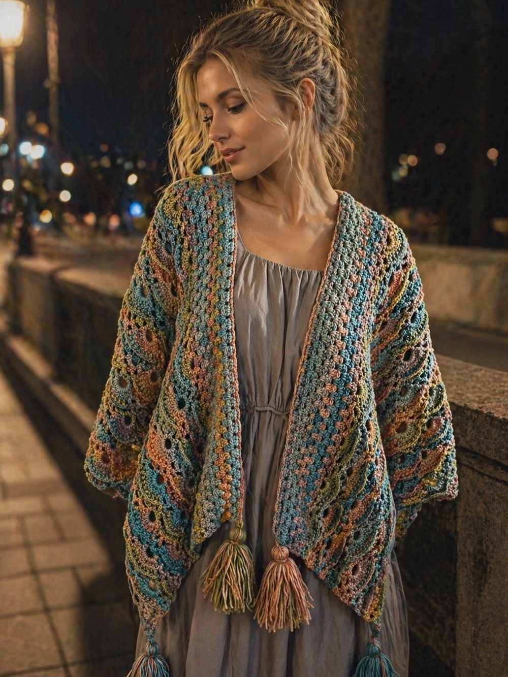 Handcrafted Multicolor Crochet Open Cardigan Sweater